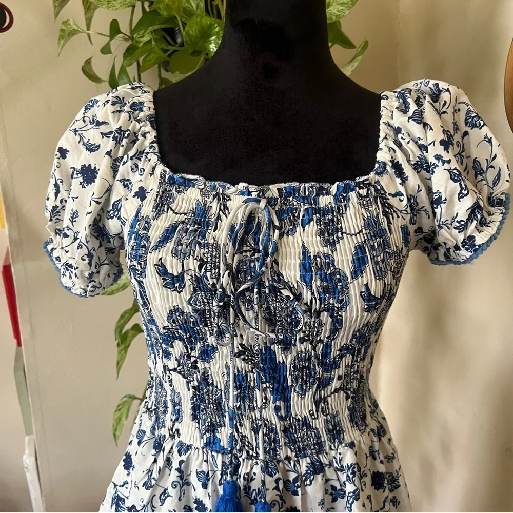 Margaux Riviera Blue White Milkmaid Maid Tiered Dress - Size Small